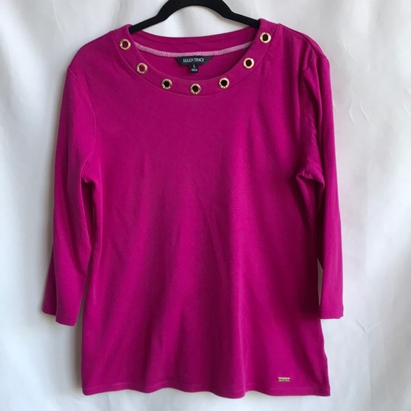 Ellen Tracy hot pink scoop neck top with gold grommets at neckline, size L - Picture 1 of 9